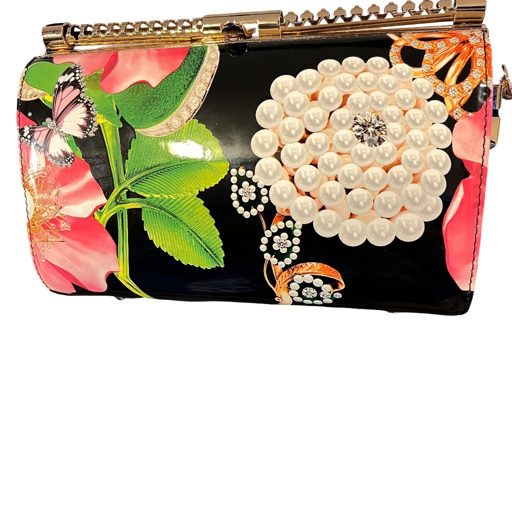 B044   Black patent  Floral Pearl Embellished Evening Handbag Top Handle  NWT - Picture 2 of 3